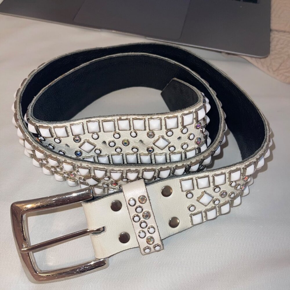 Rn Design Womens Belt Size Large White Leather Studded Swarosky Crystals